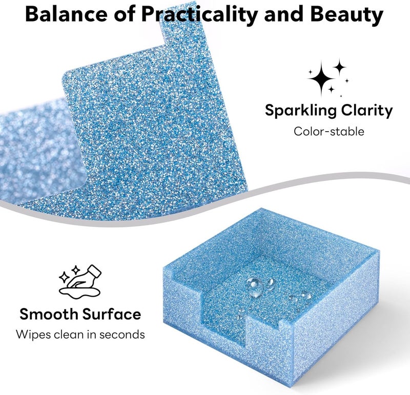 Luminzo Blue Sparkling Sticky Note Holder, Glitter Acrylic Organizer, 3.94 x 3.94 in Multi-Use Tray for Office, School & Home Desk - Image 4